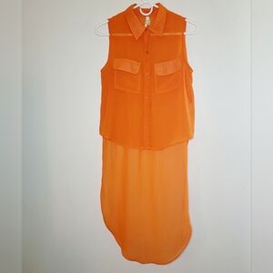 Women's Top Orange Medium Sheer Festival Cowgirl Sleeveless High Low Buttoned